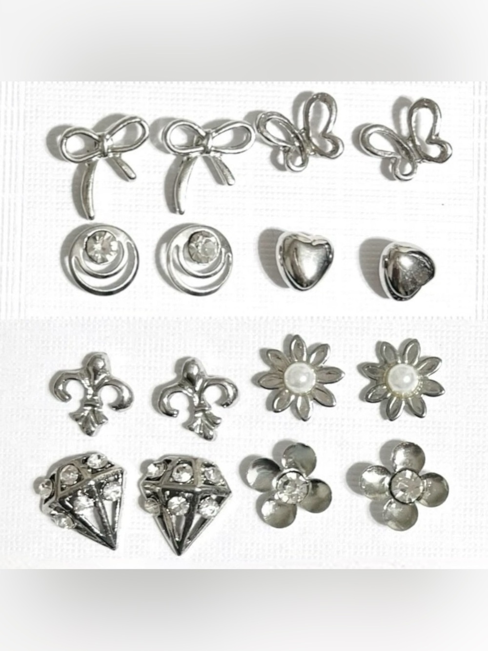 Vtg - Now Lot Silver Tone Pierced Earrings Studs 8 Pair Flower Bow Heart Retro